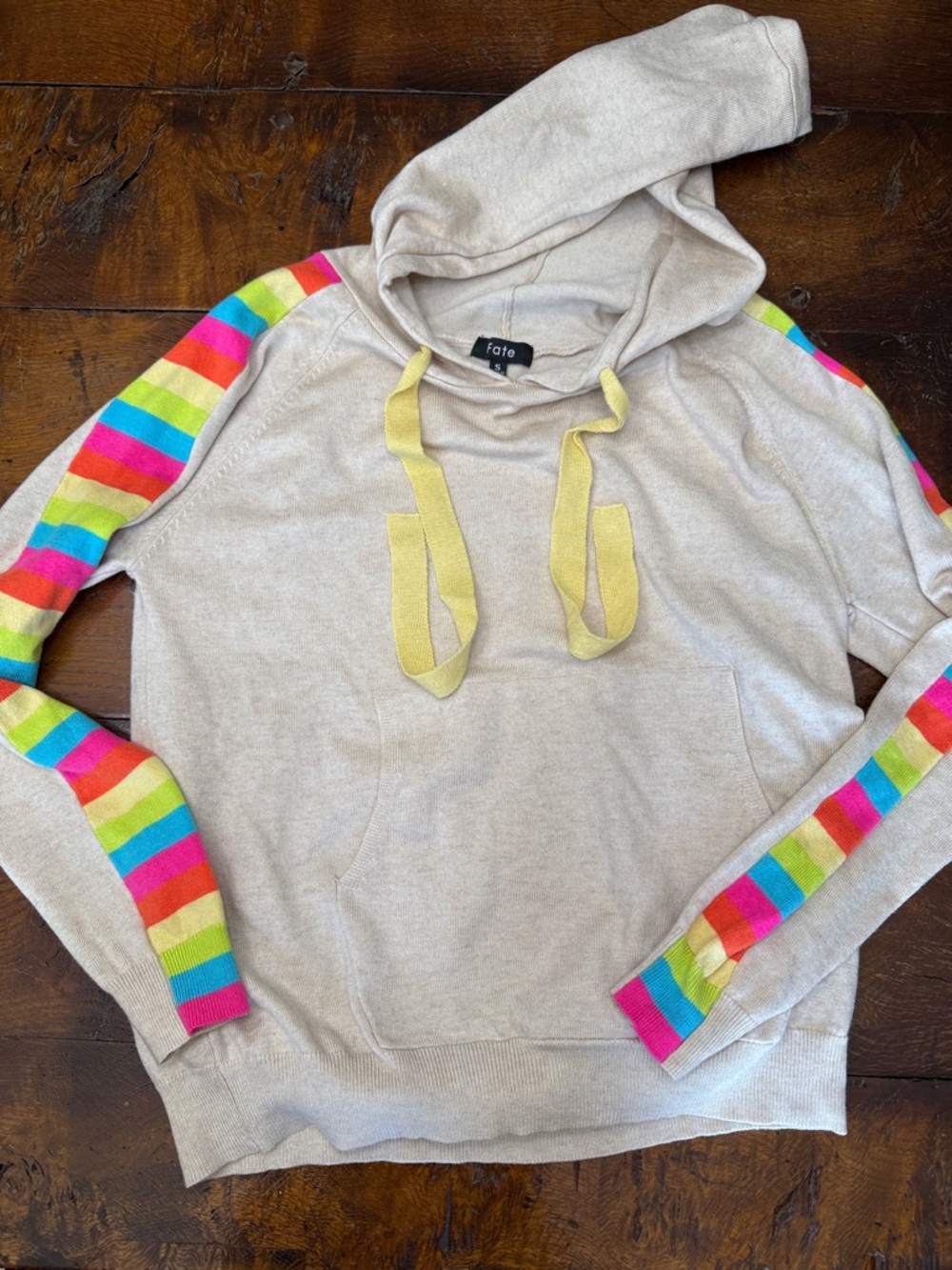New(no tags) FATE beige Hoodie, Rainbow Stripe Sleeves and Yellow Drawstrings